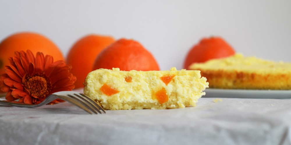 An image of cottage cheese cheesecake slice with candied orange peels and gluten-free almond crust